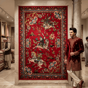 Persian Silk Hunting Scene Rug 2 ft x 3 ft | 1600 Reed Pure Silk Abresham