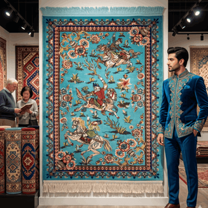 Persian Silk Hunting Scene Rug 2 ft x 3 ft | Teal Floral Equestrian