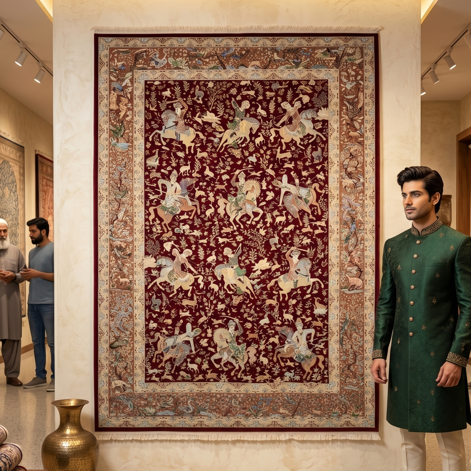 Persian Silk Hunting Scene Rug 7 ft x 10 ft | 1600 Reed Pure Silk