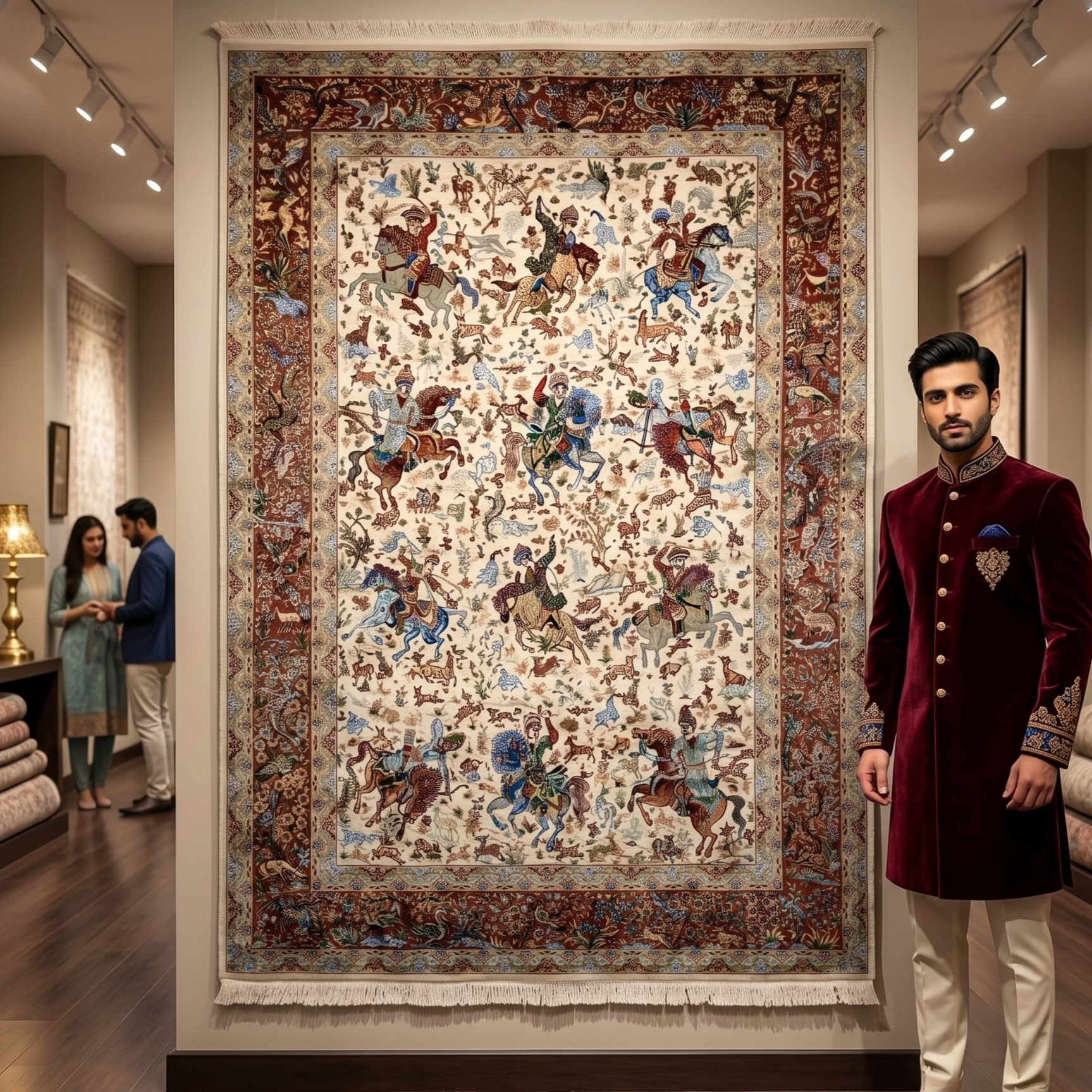 Persian Silk Hunt Scene Rug 5 ft x 8 ft | 1600 Reed Pure Silk Abresham