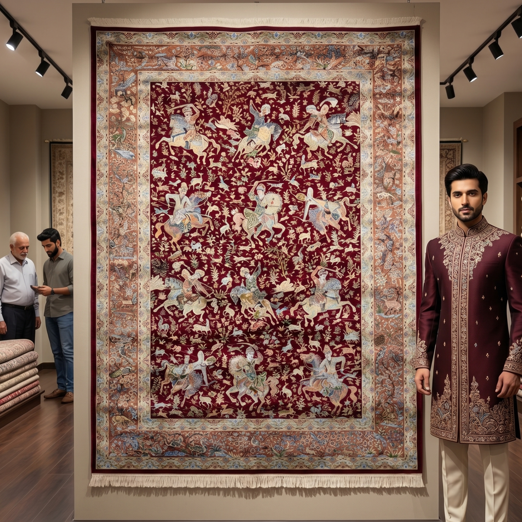 Persian Silk Hunting Scene Rug 5 ft x 8 ft | Pure Silk Abresham | 1600 Reeds