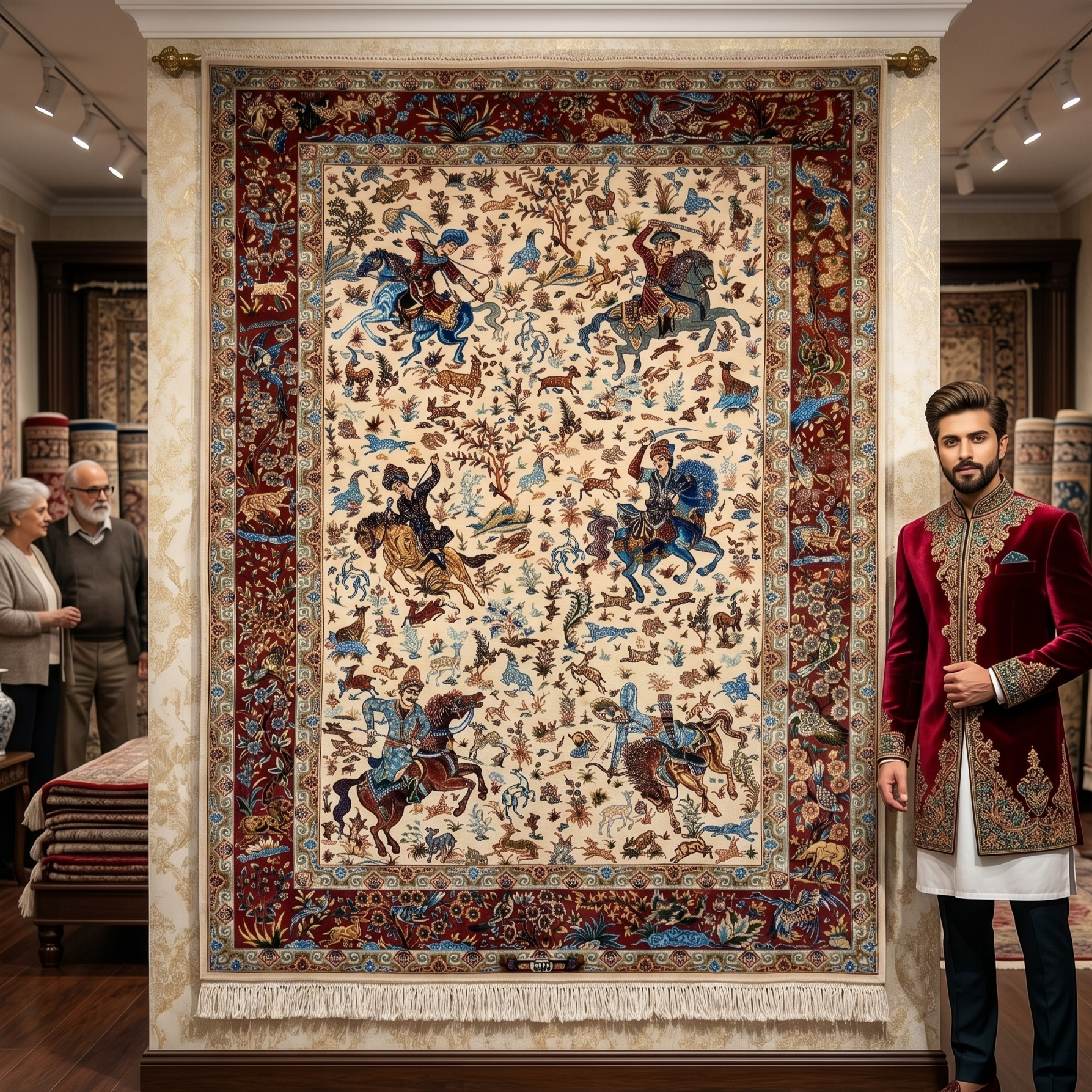 Persian Silk Hunt Scene Rug 4 ft x 6 ft | Pure Silk Abresham | 1600 Reed