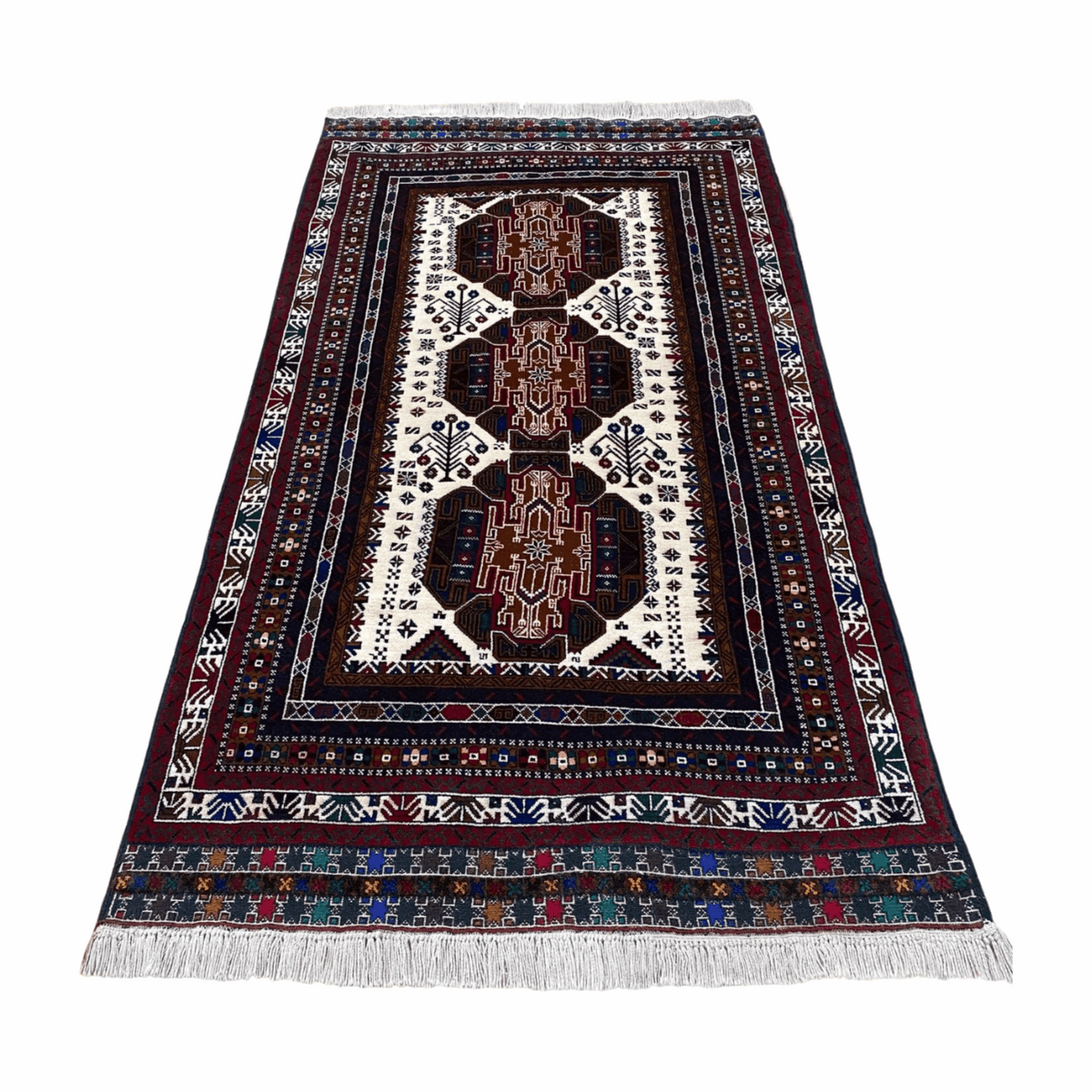 Handmade Wool Rug – Baluchi Tribal – 4 ft x 7 ft – Wine & Beige – photo 2