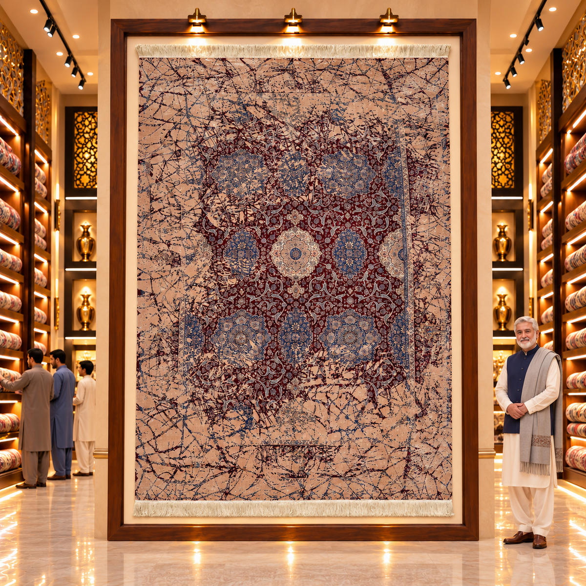 DEKO 121 German Model Pure Silk Rug – Copper & Navy Medallion, 1700 Reeds, 7 x 10 ft