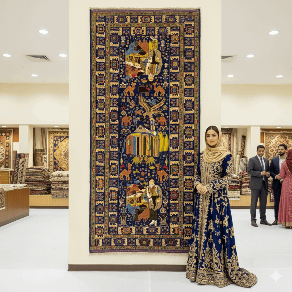 Handmade Afghan wool rug Exquisite Afghan Handmade Shikargah Rug – 4 ft x 7.5 ft – Vibrant Hunting Scene with Figures & Nature – Premium Wool, Traditional Afghan Craftsmanship traditional design for living room USA
