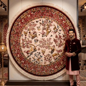 Persian Silk Round Rug | Pure Silk Abresham | 3 ft x 3 ft | 1600 Reeds