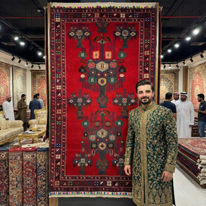 Handmade Afghan wool rug Exquisite Handmade Baluchi Rug - 4ft x 6ft Red Persian Floral Design, Wool Carpet traditional design for living room USA