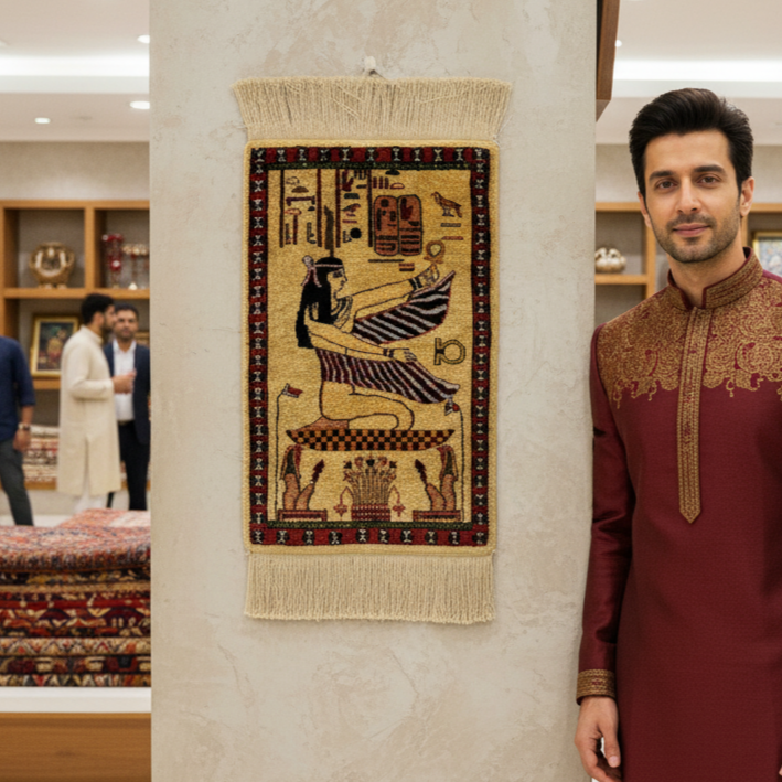 Handmade Afghan wool rug 1ft x 2ft Handmade Afghan Silk Rug – Pictorial Pharaoh Anitique – Luxurious, Intricate, and Eco-Friendly traditional design for living room USA