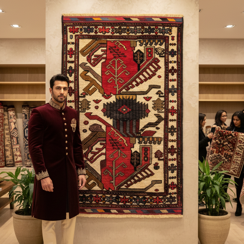 Handmade Afghan wool rug Handmade Afghan Wool Rug - Gul Barjasta - Geometric Patterns (3ft x 5ft) - Red, Blue, Brown, and Beige traditional design for living room USA