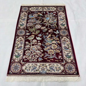Persian Silk Garden Bird Rug 2.5 ft x 4 ft | Pure Silk Abresham 1600 Reed