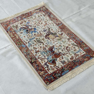 Persian Silk Hunting Scene Rug 2 ft x 3 ft | Pure Silk | 1600 Reeds
