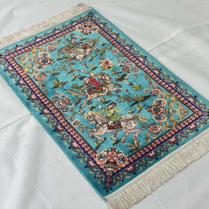 Persian Silk Hunting Scene Rug 2 ft x 3 ft | Teal Floral Equestrian
