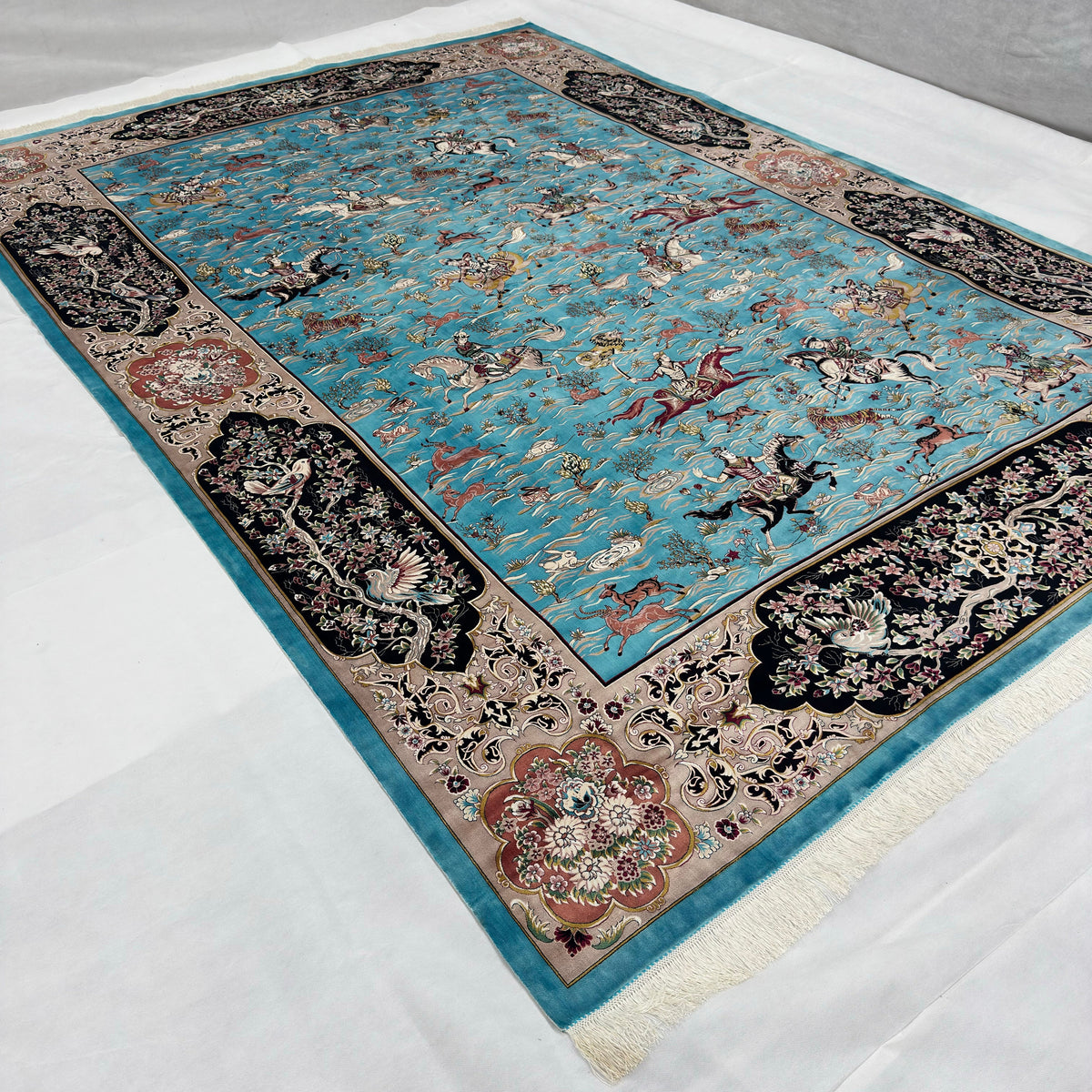 CMO Paris Silk Rug – Hunting Scene – 8 ft x 11 ft – Turquoise & Black – photo 2