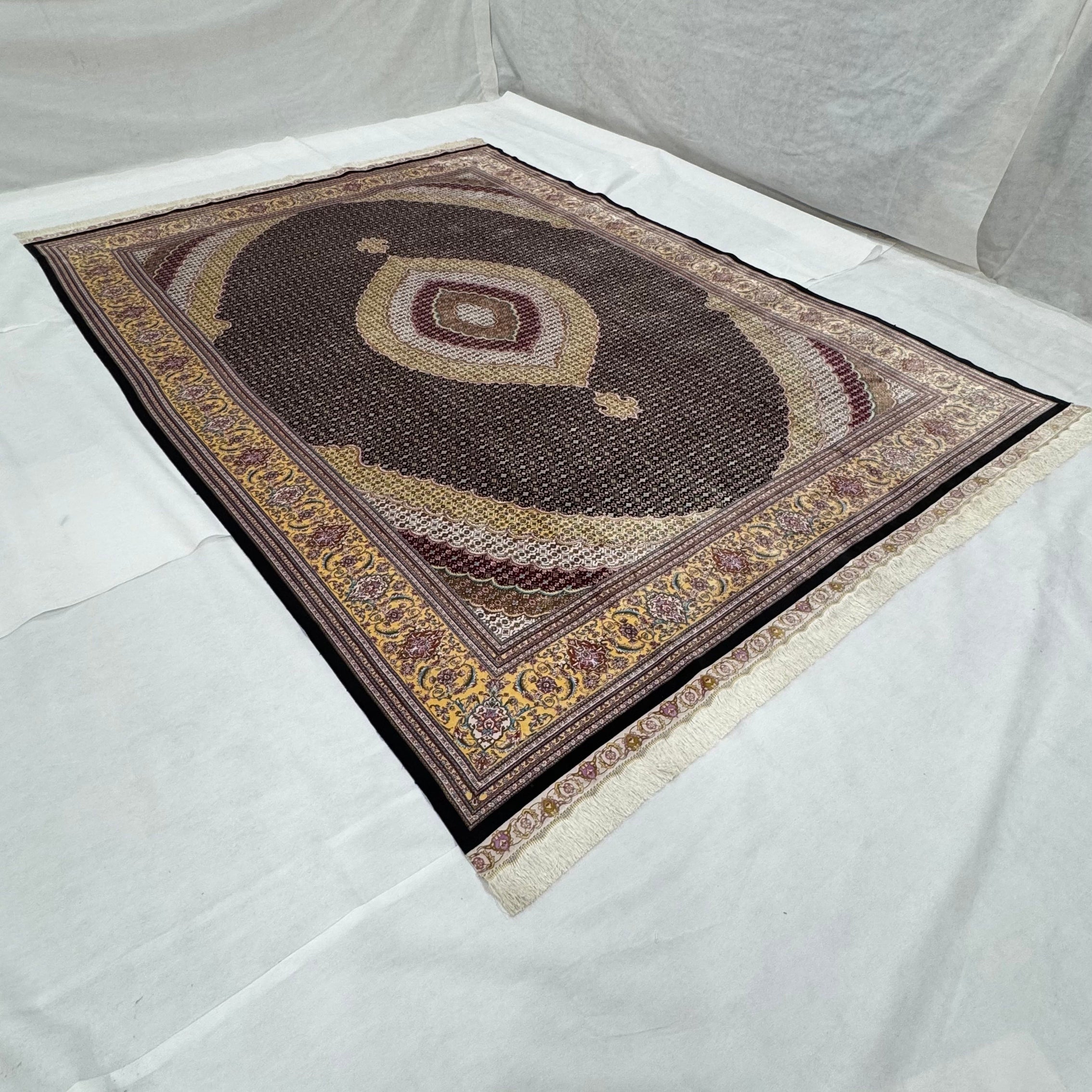 Silk Persian Rug | 8x11 ft | 1600 Reed Tabriz Medallion | Black and Gold