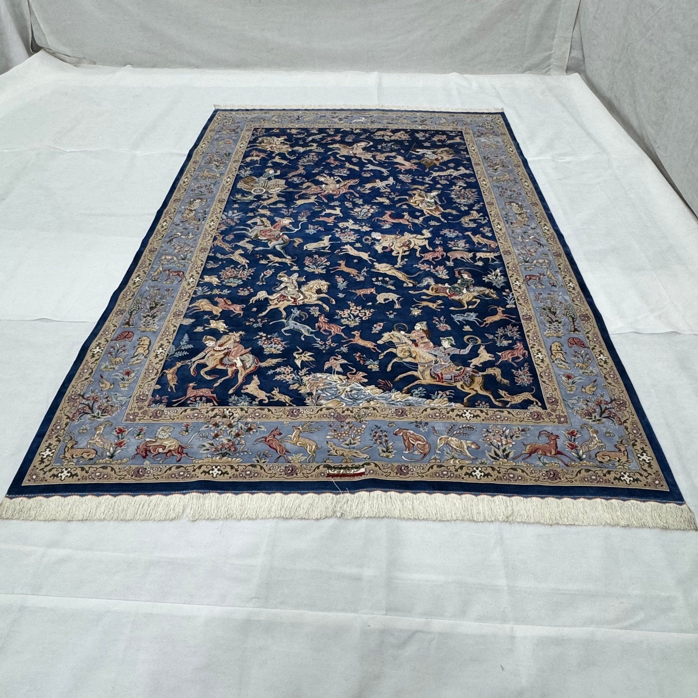 Persian Hunting Shekargh Pure Silk Abresham Rug 7 ft x 10 ft | 1600 Reed