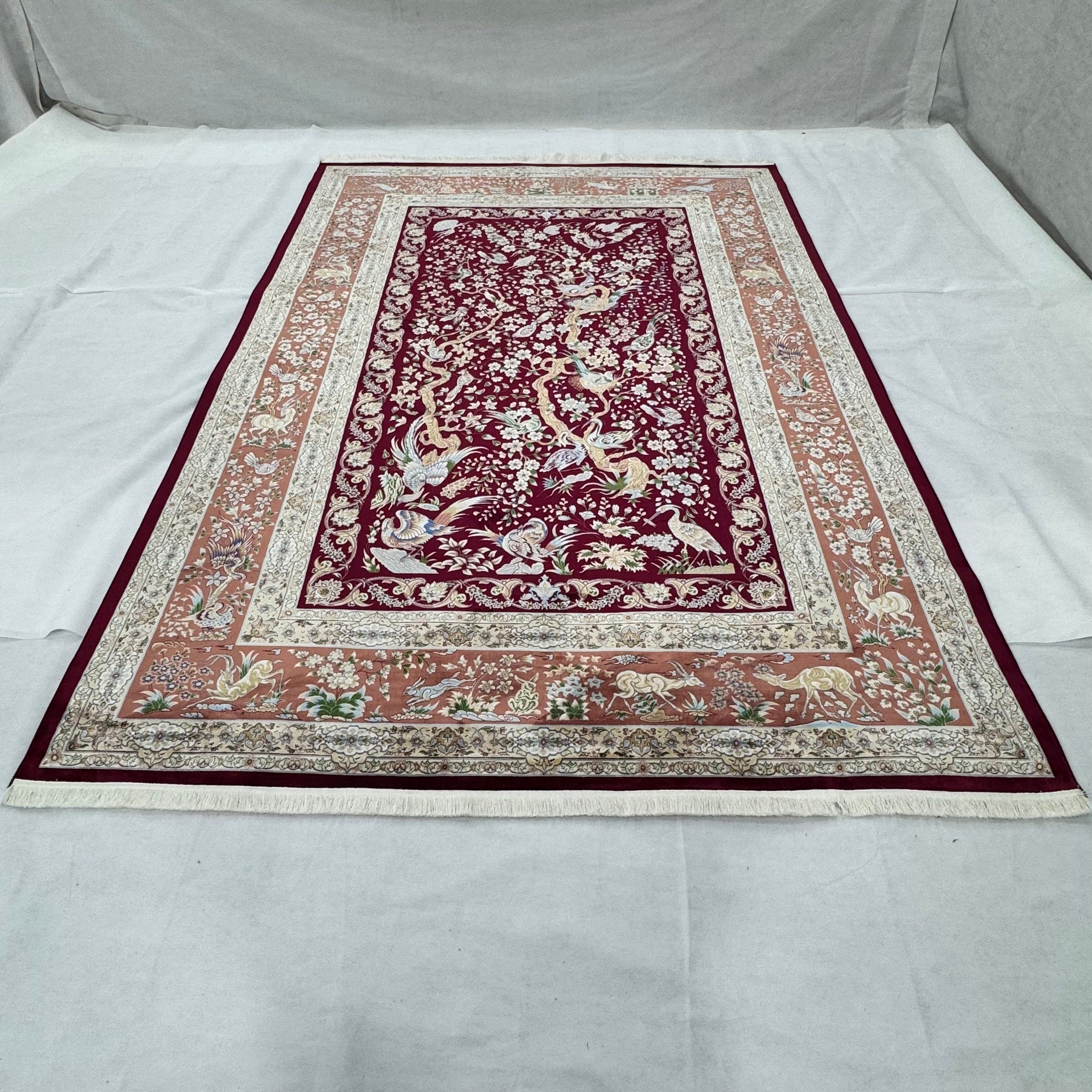 Persian Qom Bird of Paradise Pure Silk Abresham Rug 7 ft x 10 ft | 1600