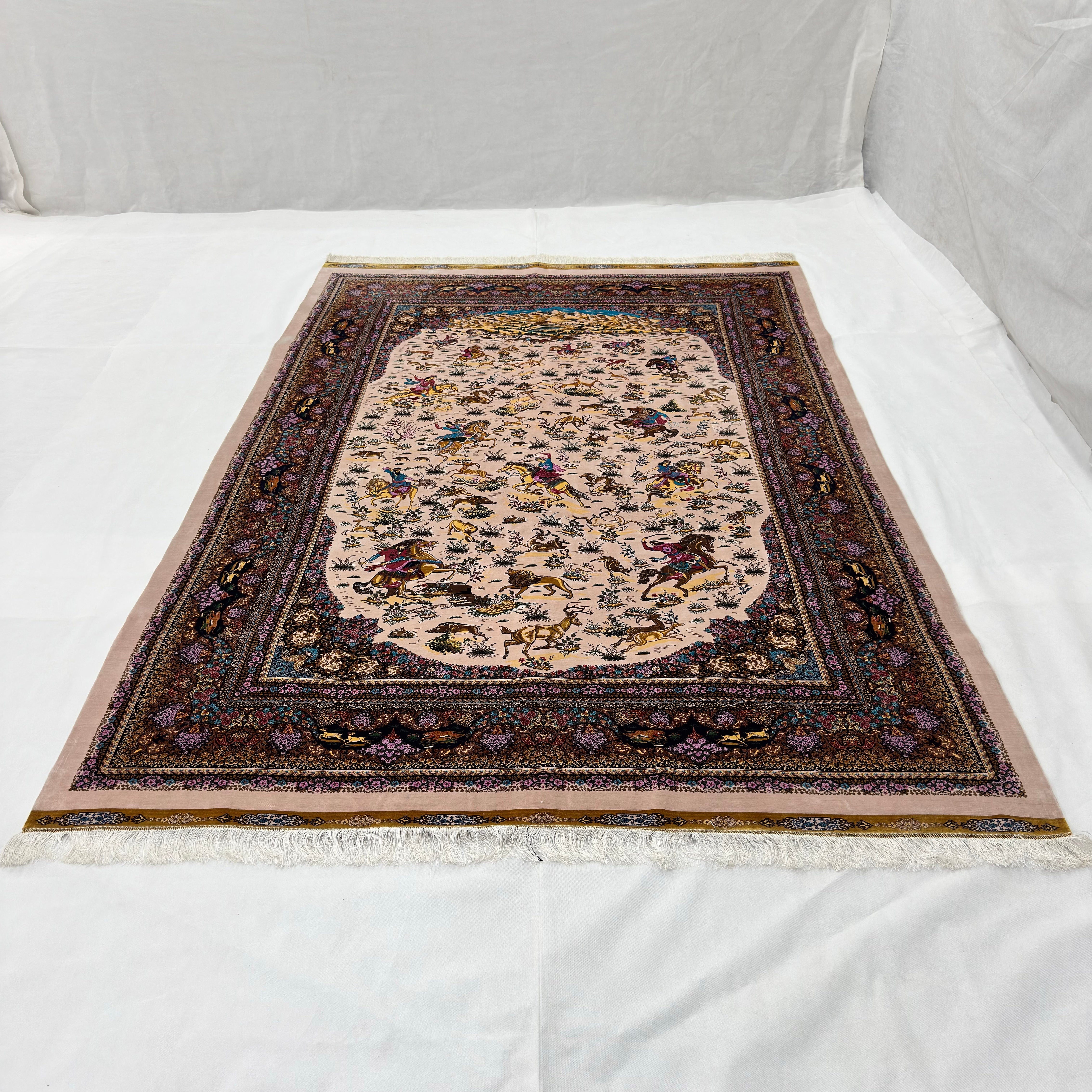 Persian Shekargh Ivory Silk Rug 7 ft x 10 ft | Pure Silk Abresham 1600 Reed