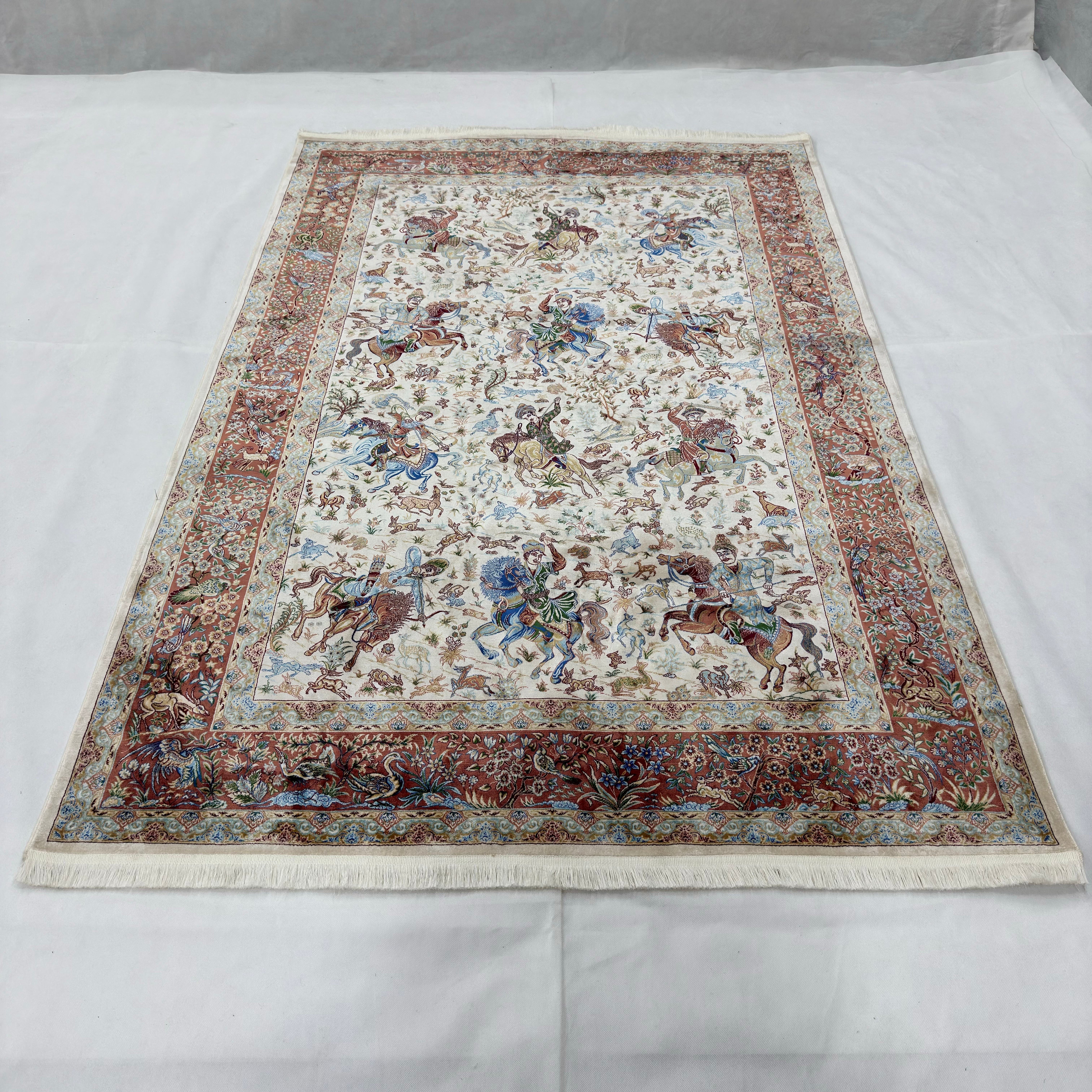 Persian Silk Hunt Scene Rug 5 ft x 8 ft | 1600 Reed Pure Silk Abresham