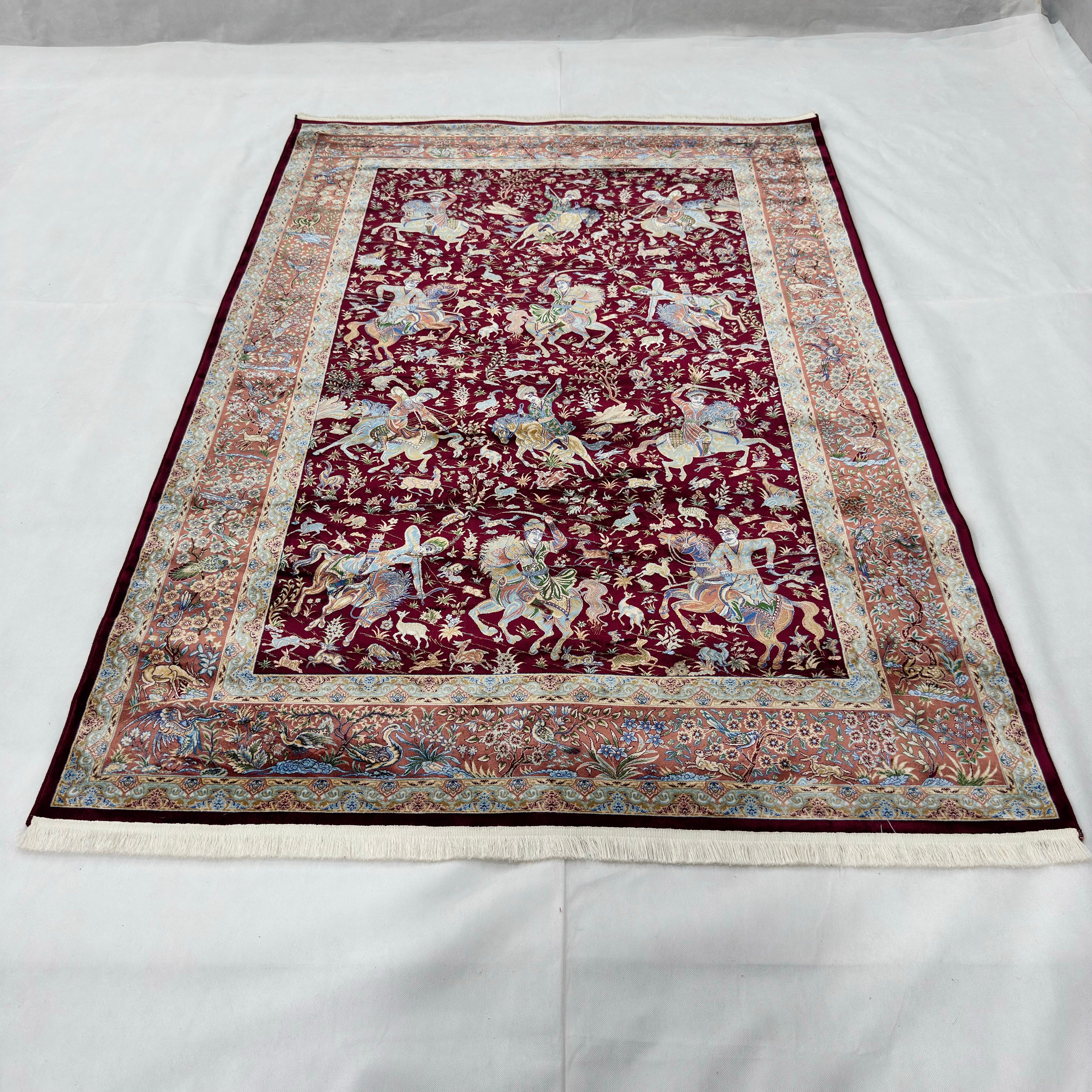 Persian Silk Hunting Scene Rug 5 ft x 8 ft | Pure Silk Abresham | 1600 Reeds