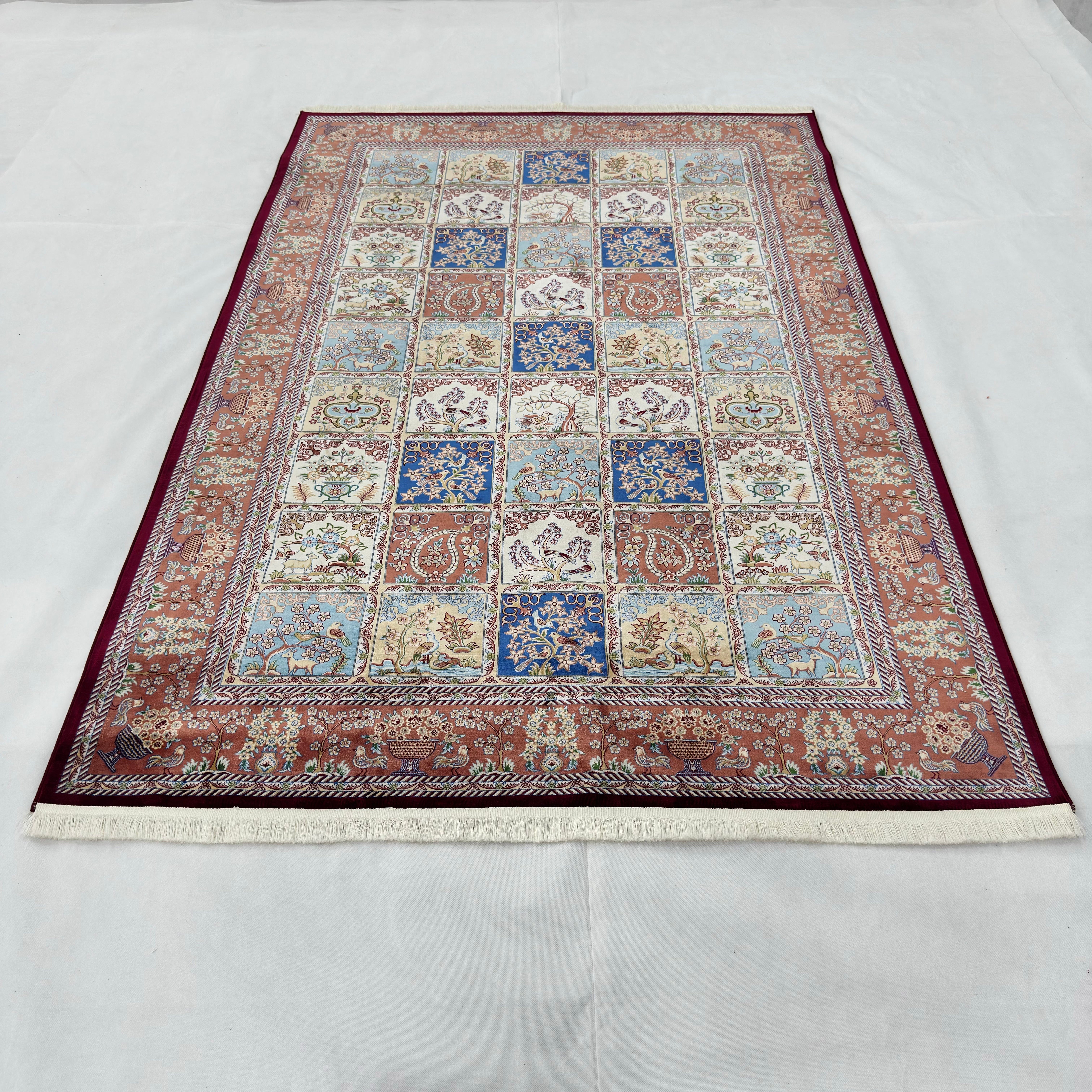 Persian Garden Panel Silk Rug | Pure Silk Abresham | 5 ft x 8 ft