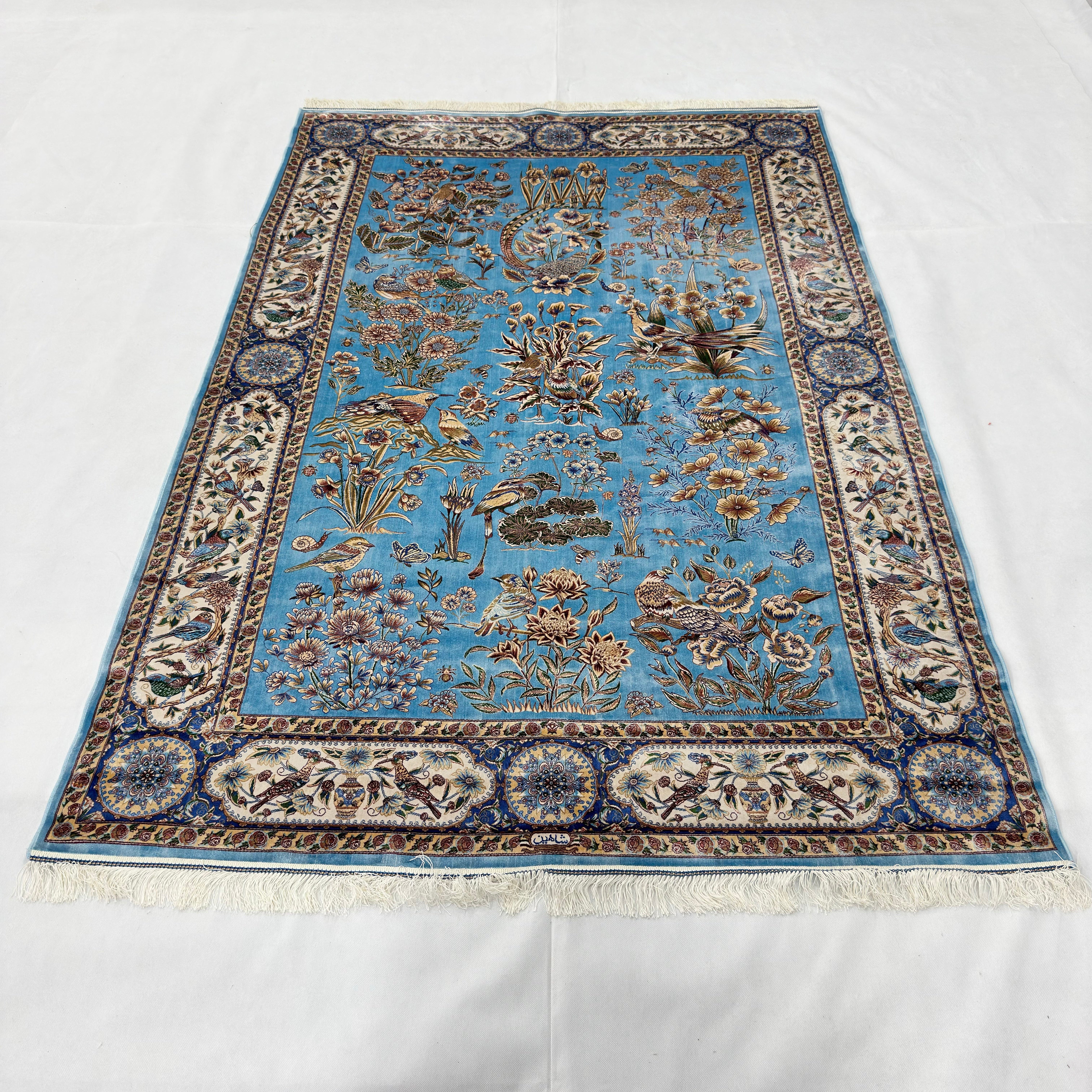 Persian Silk Garden Birds Rug 5 ft x 8 ft | Pure Silk Abresham 1600 Reed