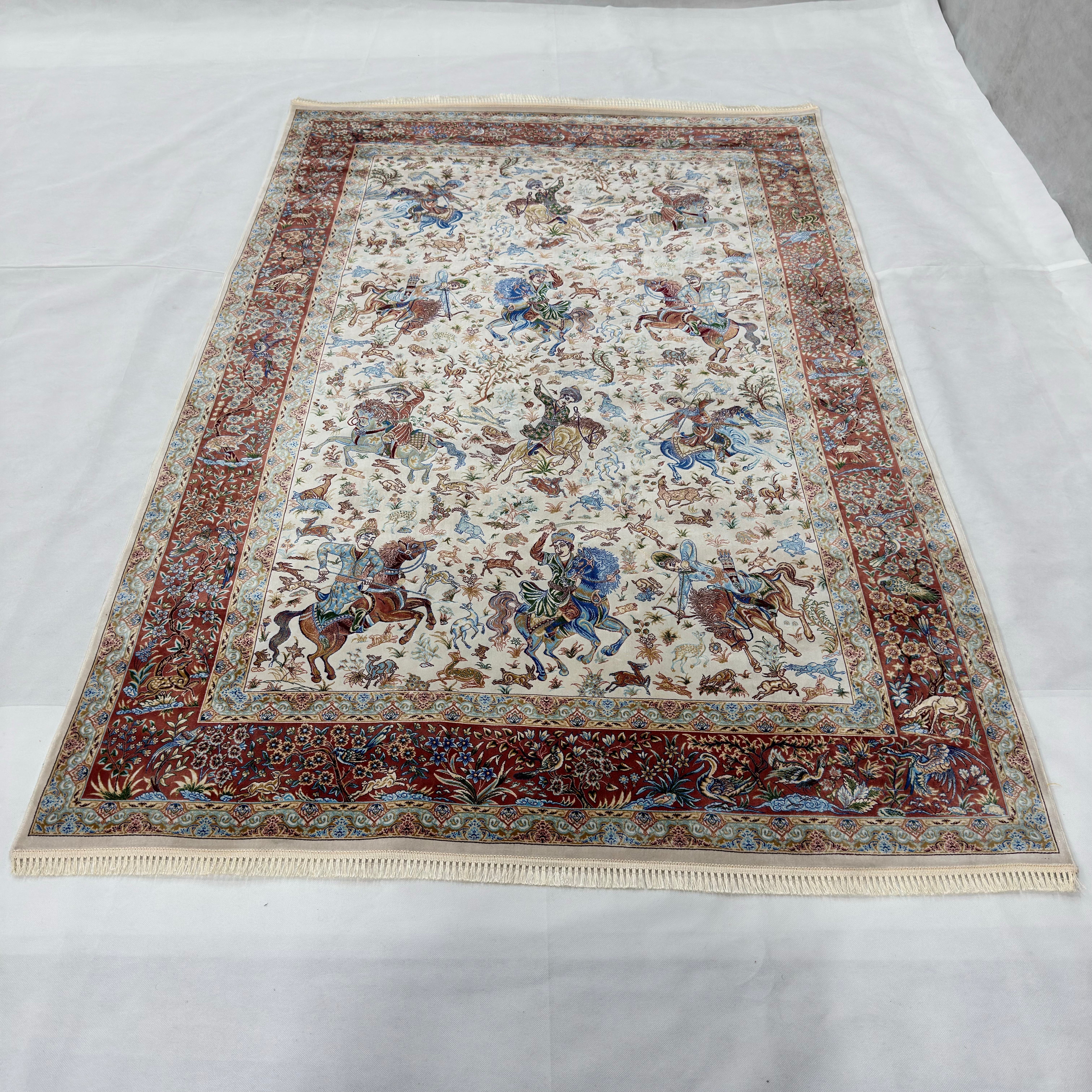 Persian Silk Hunting Scene Rug 5 ft x 8 ft | 1600 Reed Pure Silk Abresham