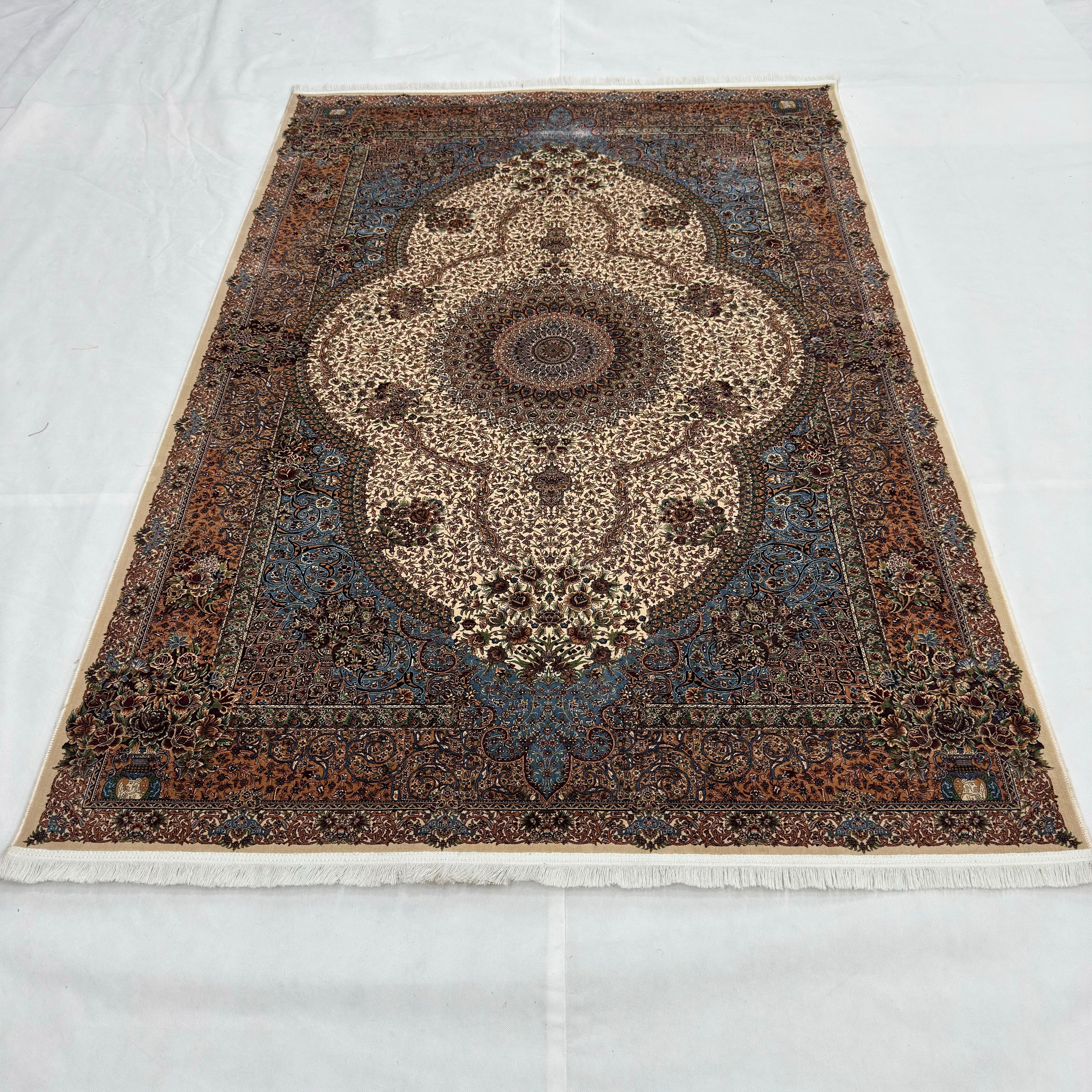 Persian Silk Abresham Medallion Rug 5 ft x 8 ft | 1600 Reed Machine-Made