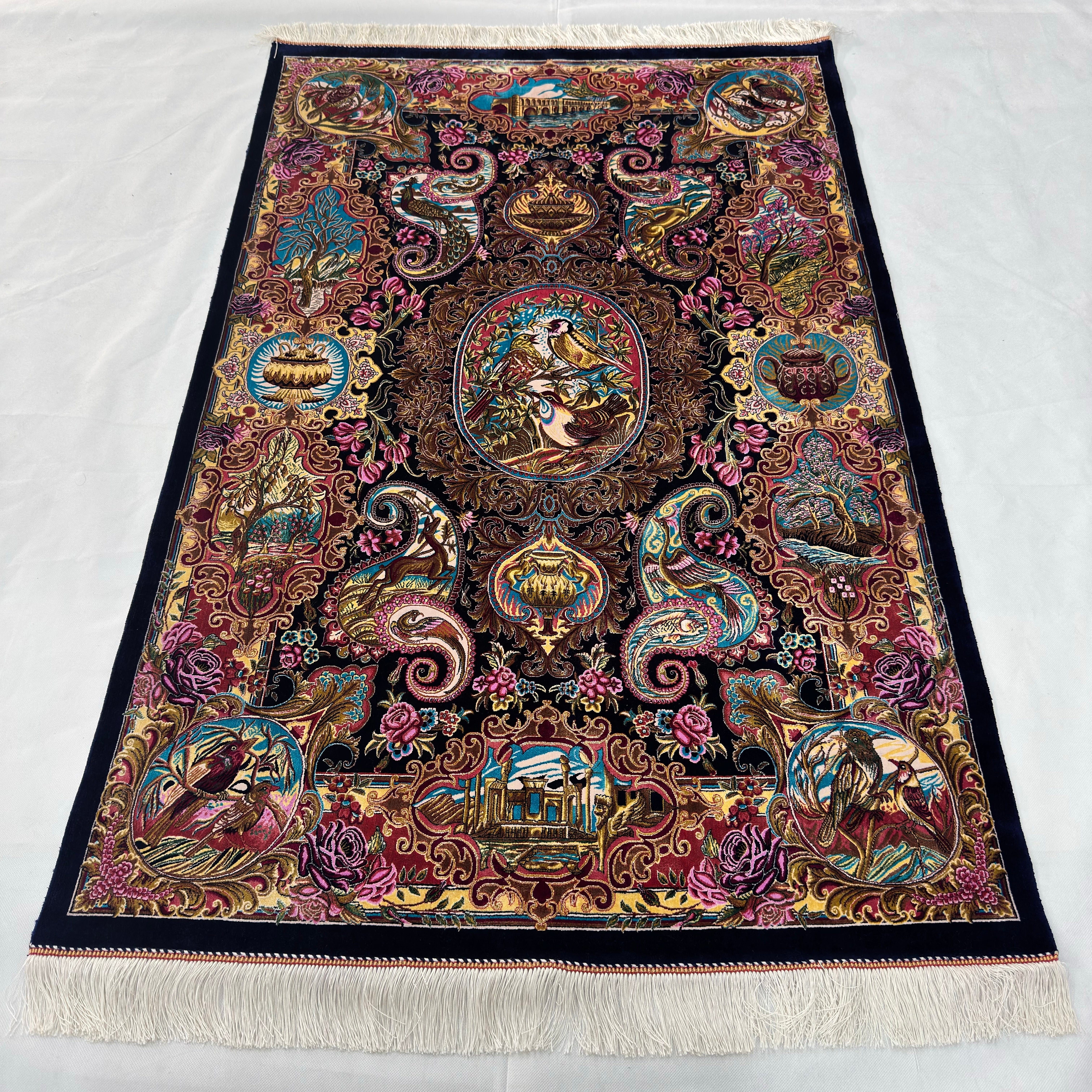 Persian Silk Qajar Pictorial Rug 3 ft x 5 ft | 1600 Reeds