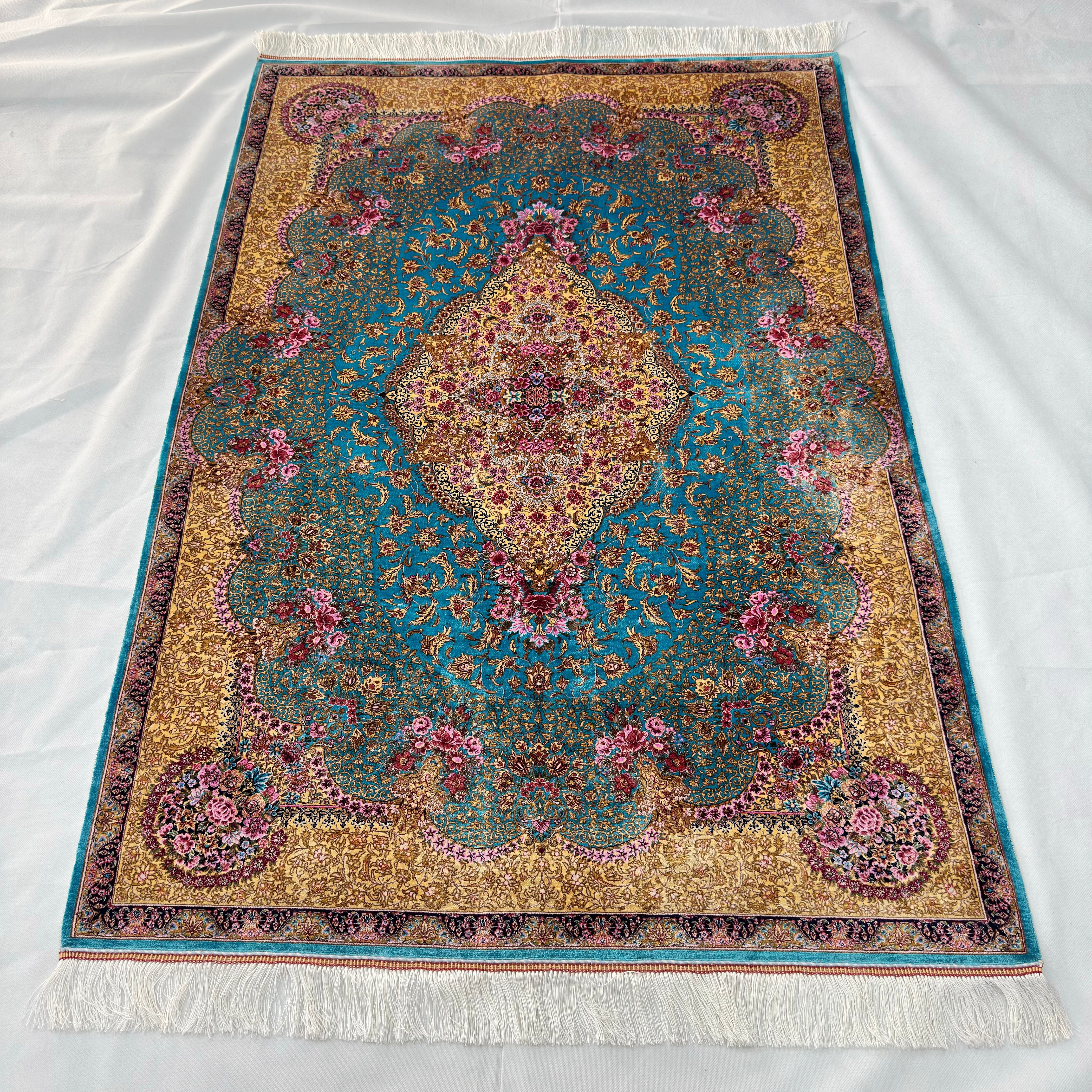 Persian Silk Tabriz Floral Medallion Rug 3 ft x 5 ft | 1600 Reeds
