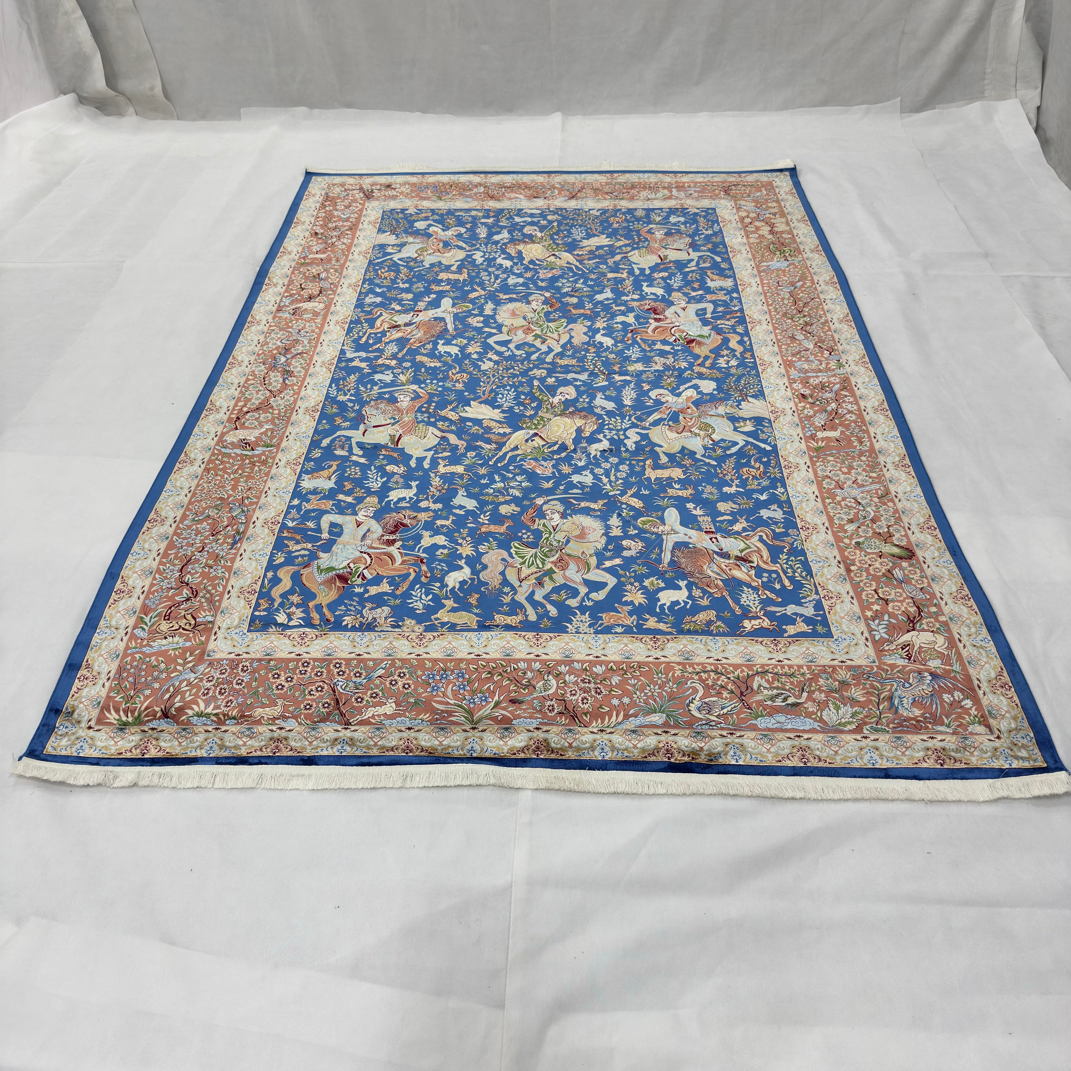 Persian Silk Hunting Scene Rug 7 ft x 10 ft | 1600 Reeds