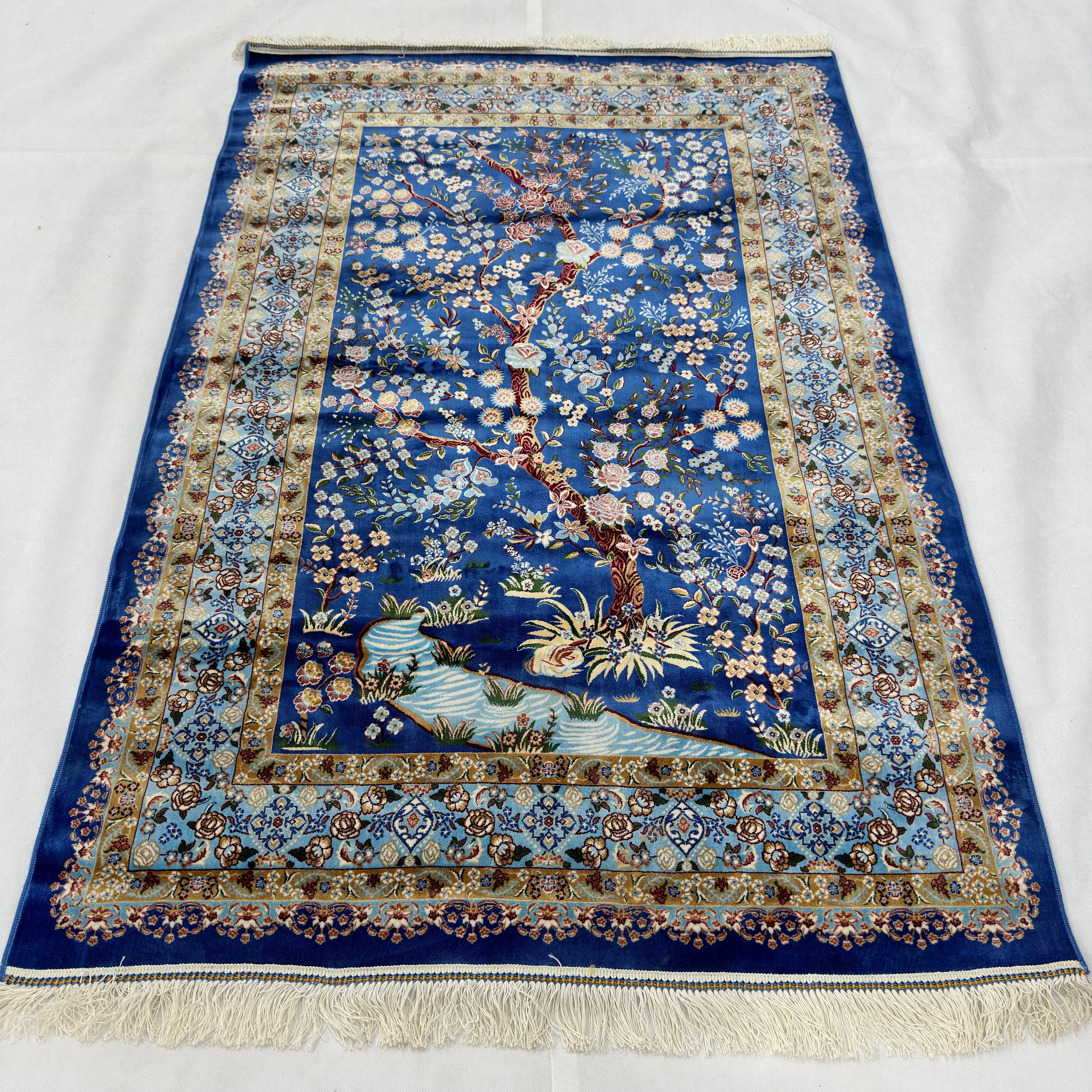 Persian Silk Blossom Tree Rug 4 ft x 6 ft | Pure Silk Abresham | 1600 Reeds