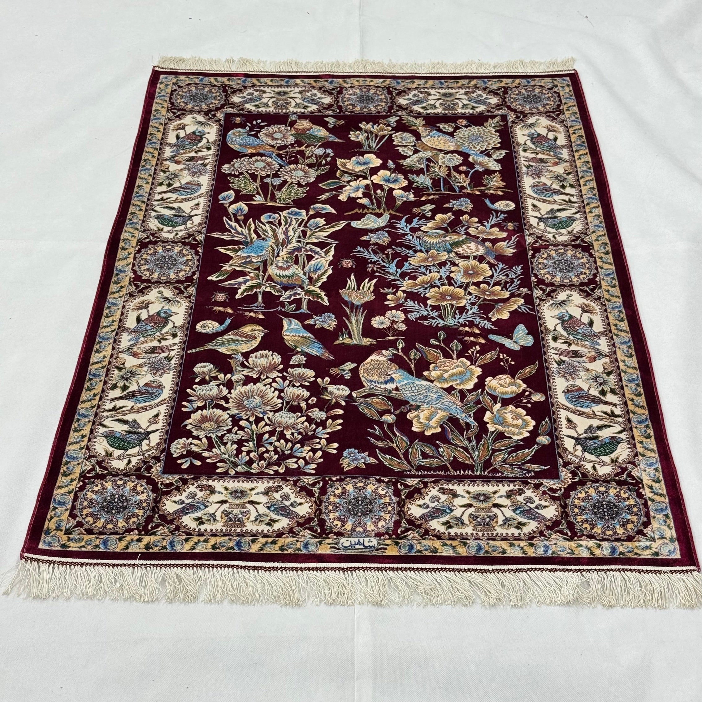Persian Silk Bird & Floral Garden Rug 4 ft x 6 ft | 1600 Reed Pure Silk