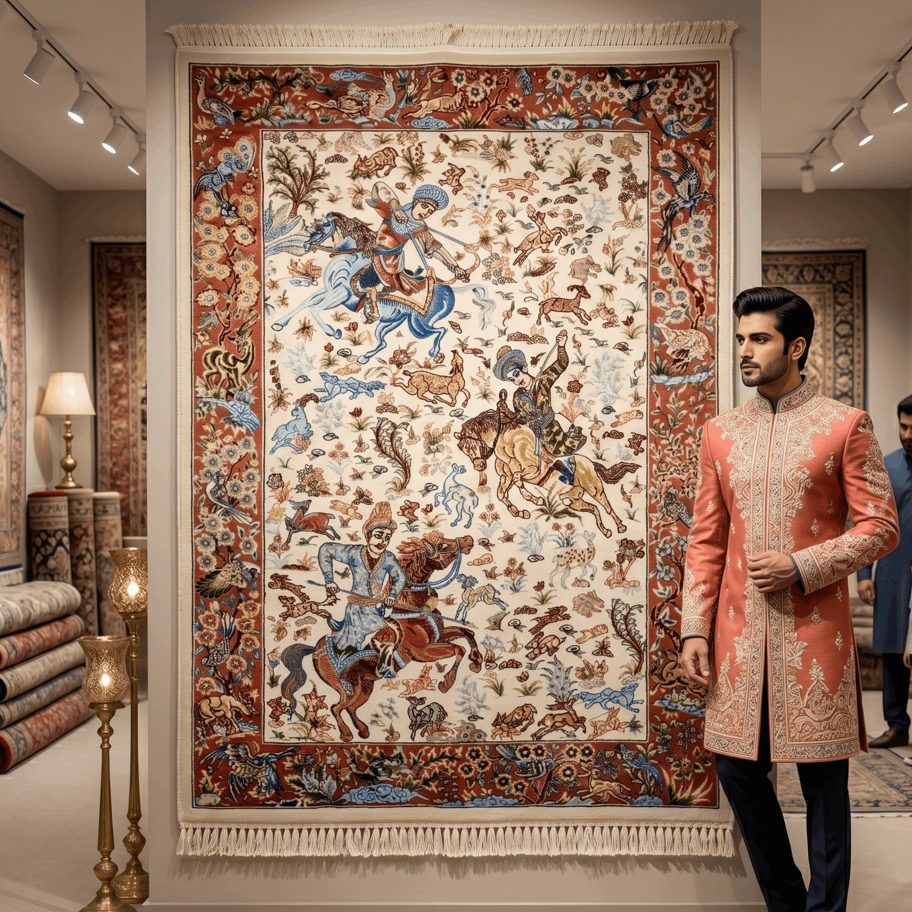 Persian Silk Hunting Scene Rug 2 ft x 3 ft | Pure Silk | 1600 Reeds