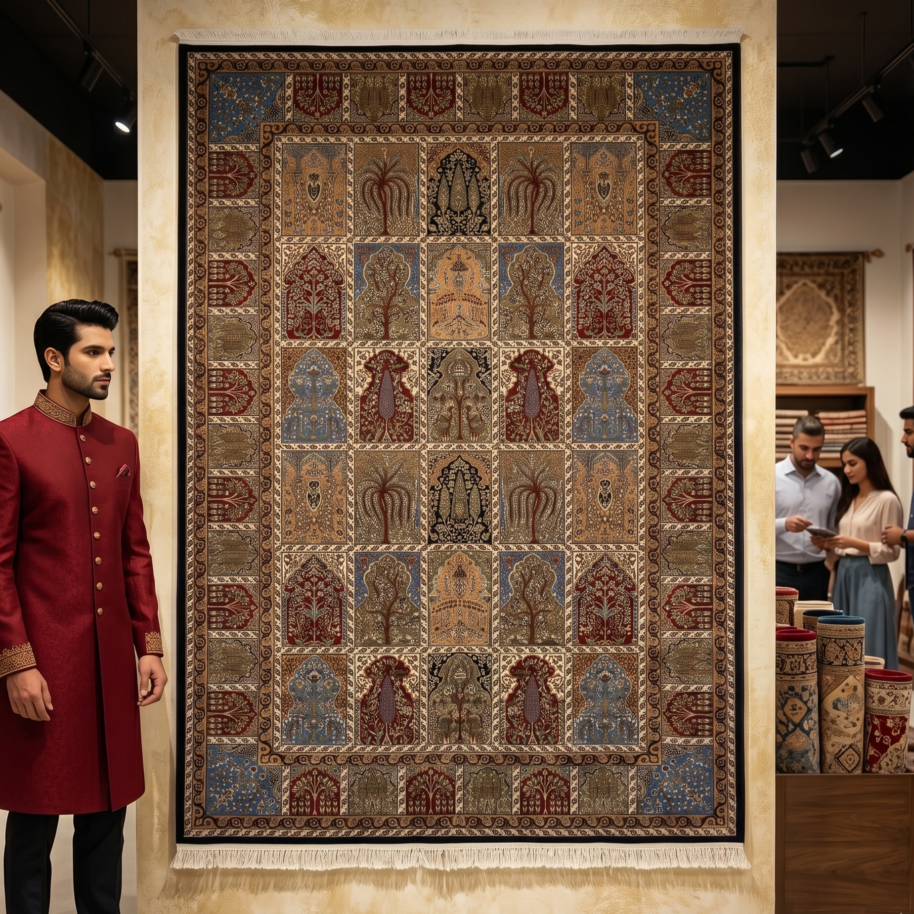 Persian Khamseh Garden Panel Pure Silk Abresham Rug 7 ft x 10 ft | 1600