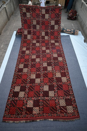 Handmade Afghan wool rug 100-Year-Old Handmade Turkmensara Wool Runner - 7 meter (702 cm) x 3 meter (282 cm) – Timeless Tribal Elegance from Turkmenistan traditional design for living room USA