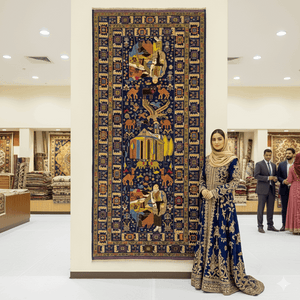Handmade Afghan wool rug Exquisite Afghan Handmade Shikargah Rug – 4 ft x 7.5 ft – Vibrant Hunting Scene with Figures & Nature – Premium Wool, Traditional Afghan Craftsmanship traditional design for living room USA