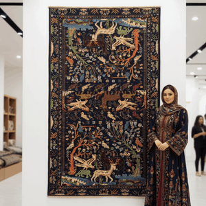 Handmade Afghan wool rug Luxurious Afghan Handmade Shikargah Rug – 4.5 ft x 8.5 ft – Exquisite Hunting Scene Design in Rich Blues & Earthy Tones – Authentic Wool, Premium Quality traditional design for living room USA