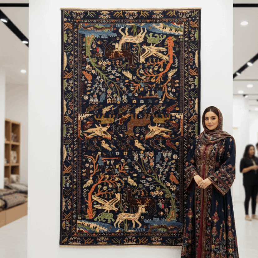Handmade Afghan wool rug Luxurious Afghan Handmade Shikargah Rug – 4.5 ft x 8.5 ft – Exquisite Hunting Scene Design in Rich Blues & Earthy Tones – Authentic Wool, Premium Quality traditional design for living room USA