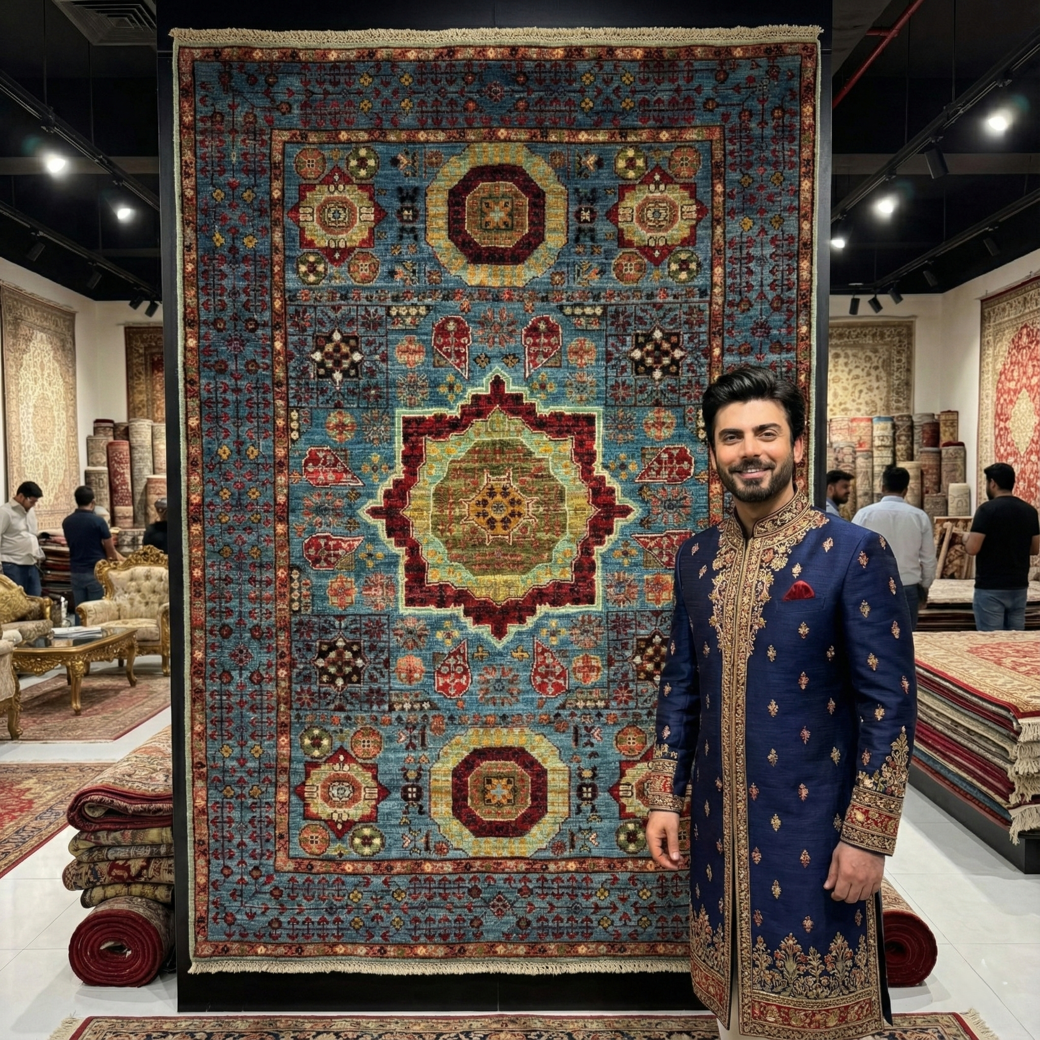 Handmade Afghan wool rug Luxurious Chobi Handmade Rug - 3 ft x 5 ft - Exquisite Blue and Red Wool Carpet traditional design for living room USA