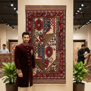 Handmade Afghan wool rug Handmade Gul Barjasta Afghan Wool Rug (3 ft x 5 ft) - Red, Blue, Brown, and Cream with Floral and Geometric Motifs traditional design for living room USA