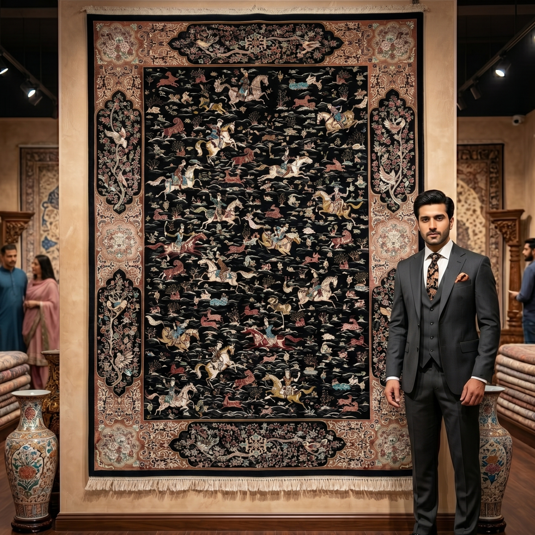 Persian Hunting Shekargh Pure Silk Abresham Rug 8 ft x 11 ft | 1600 Reed