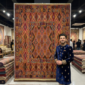 Handmade Afghan wool rug Stunning 4.5ft x 6ft Handmade Afghan Belgic Rug - Vibrant Geometric Design traditional design for living room USA