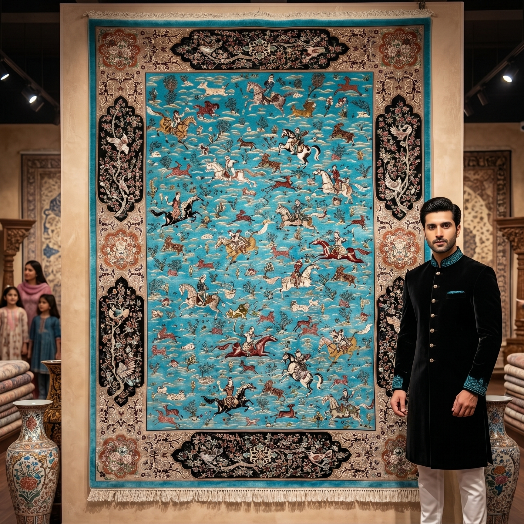 Persian Hunting Scene Pure Silk Abresham Rug 8 ft x 11 ft | 1600 Reed