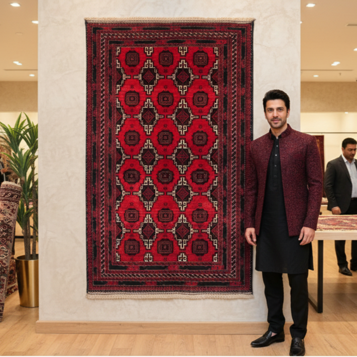 Handmade Afghan wool rug Handmade Afghan Wool Rug - 4 ft x 7 ft | Baluchi Aqsi Design | Bold, Durable, Eco-Friendly Luxury traditional design for living room USA