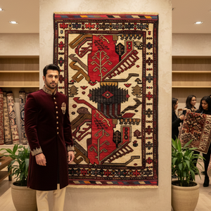 Handmade Afghan wool rug Handmade Afghan Wool Rug - Gul Barjasta - Geometric Patterns (3ft x 5ft) - Red, Blue, Brown, and Beige traditional design for living room USA