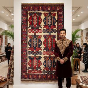 Handmade Afghan wool rug Handmade 3 ft x 5 ft Gul Barjasta Rug – Vibrant Red, Blue, and Beige Floral Motifs traditional design for living room USA