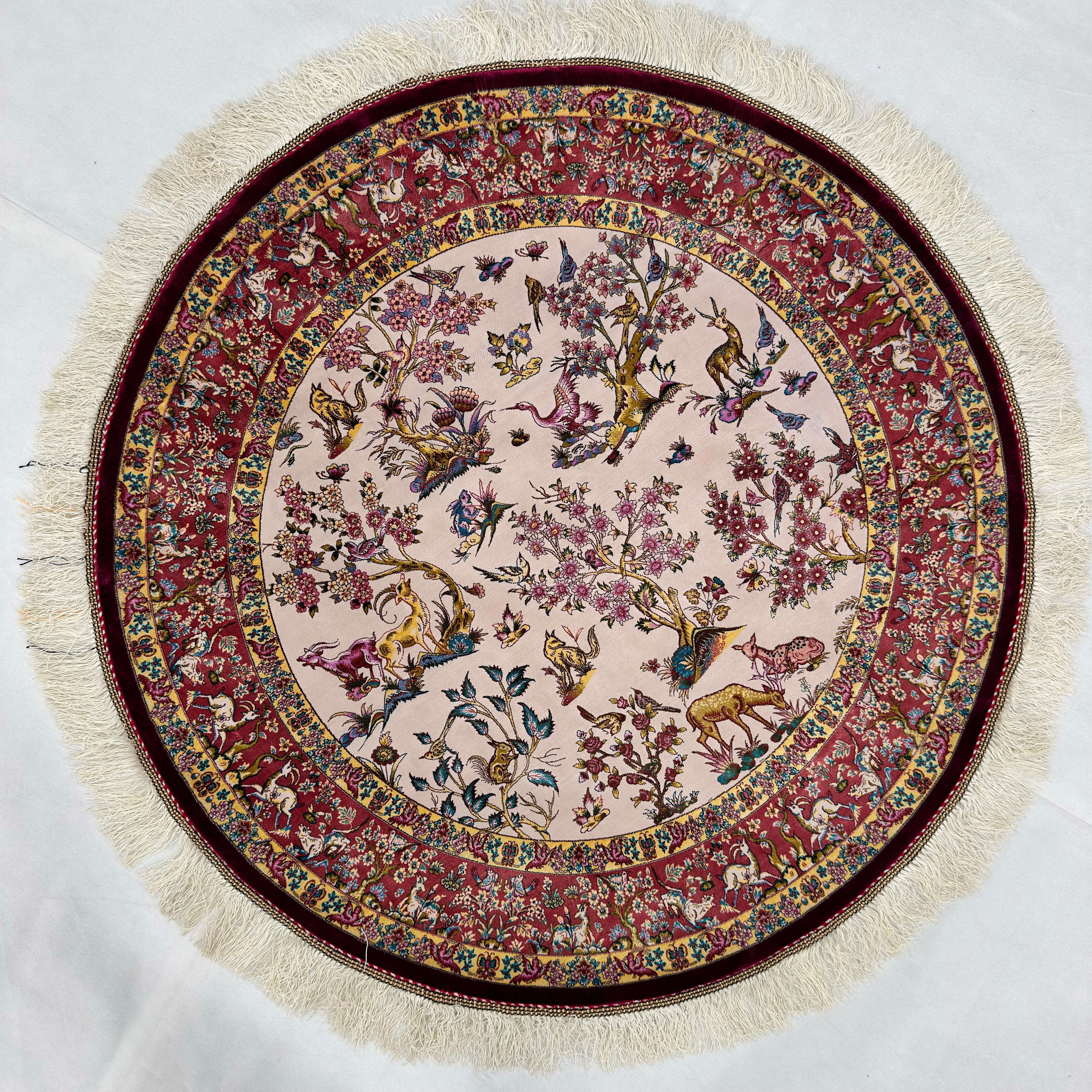Persian Silk Round Rug | Pure Silk Abresham | 3 ft x 3 ft | 1600 Reeds