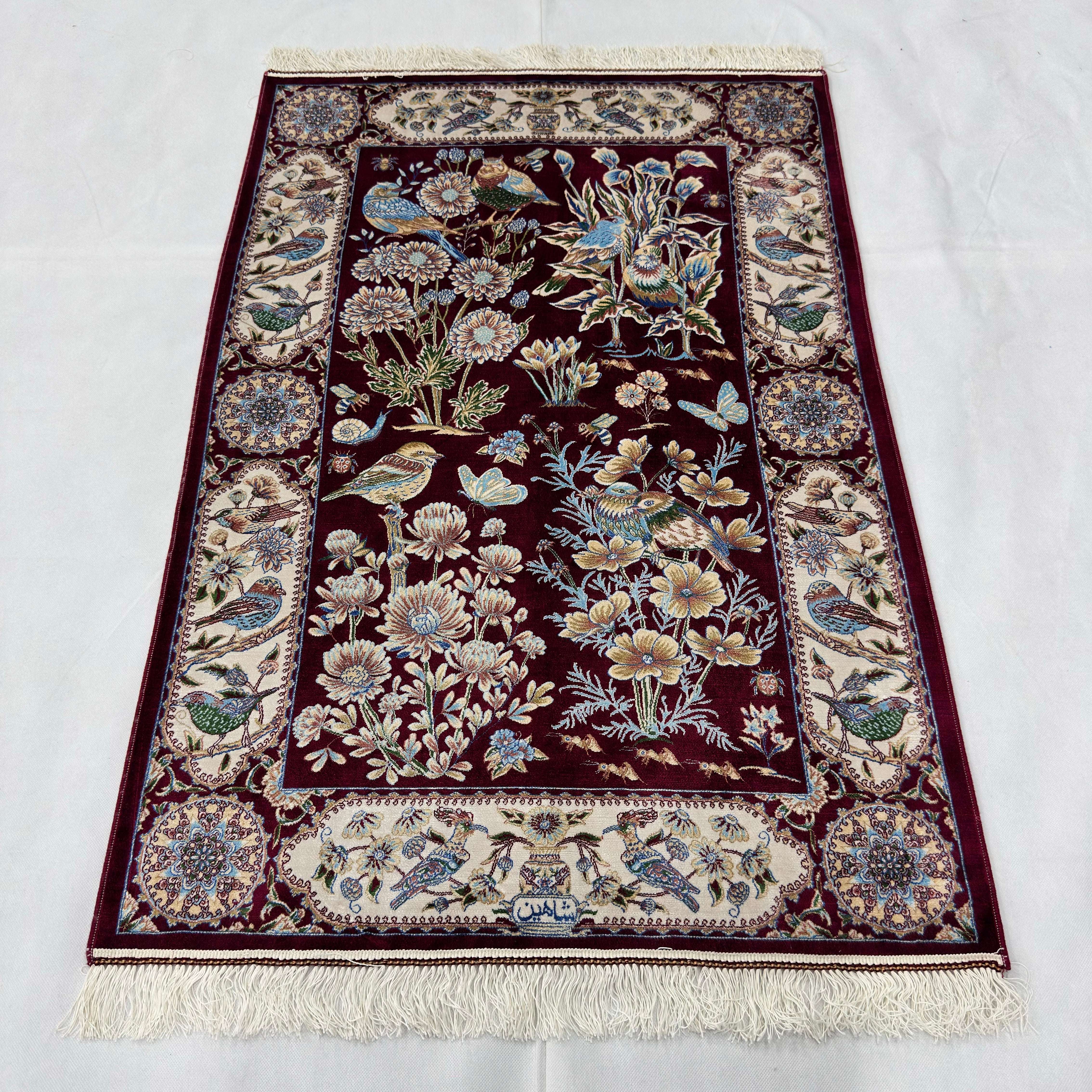 Persian Silk Garden Bird Rug 2.5 ft x 4 ft | Pure Silk Abresham 1600 Reed