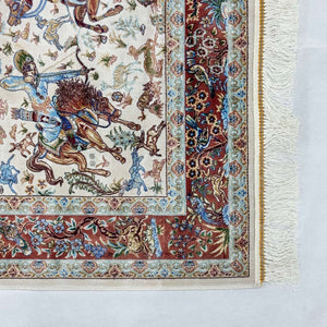 Persian Silk Hunting Scene Rug 2.5 ft x 4 ft | Pure Silk Abresham