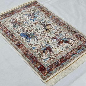 Persian Silk Hunting Scene Rug 2 ft x 3 ft | 1600 Reed Pure Silk Abresham